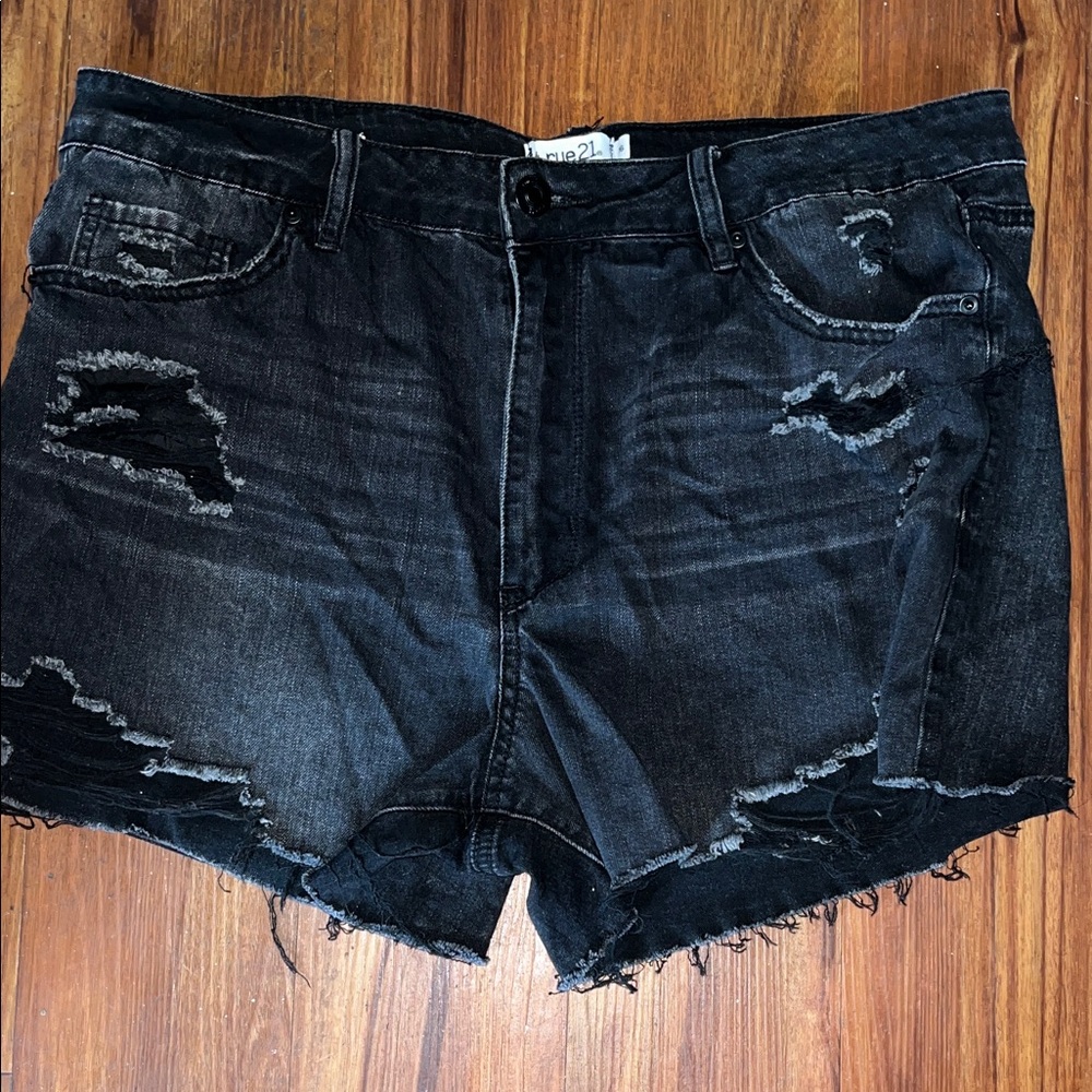 Distressed Black Denim Shorts